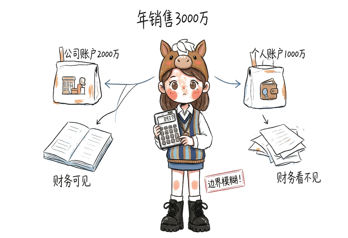 最大风险：企业与个人边界模糊——3000万销售中2000万进公司、1000万进个人，财务只看到部分业务