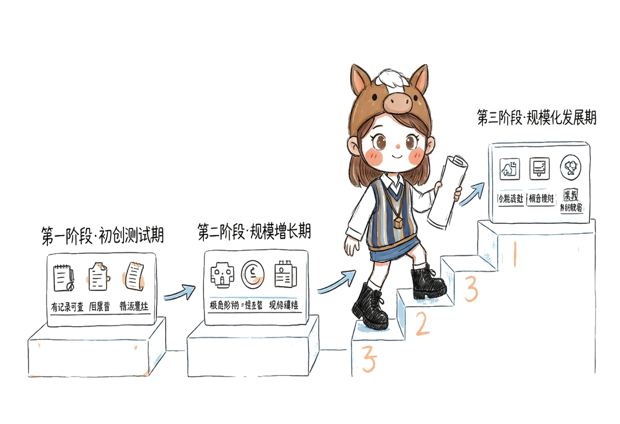 三阶段规范化路径：初创测试期（建基础记录）→ 规模增长期（转企业主体/统一核算）→ 规模化发展期（建完整财税体系）