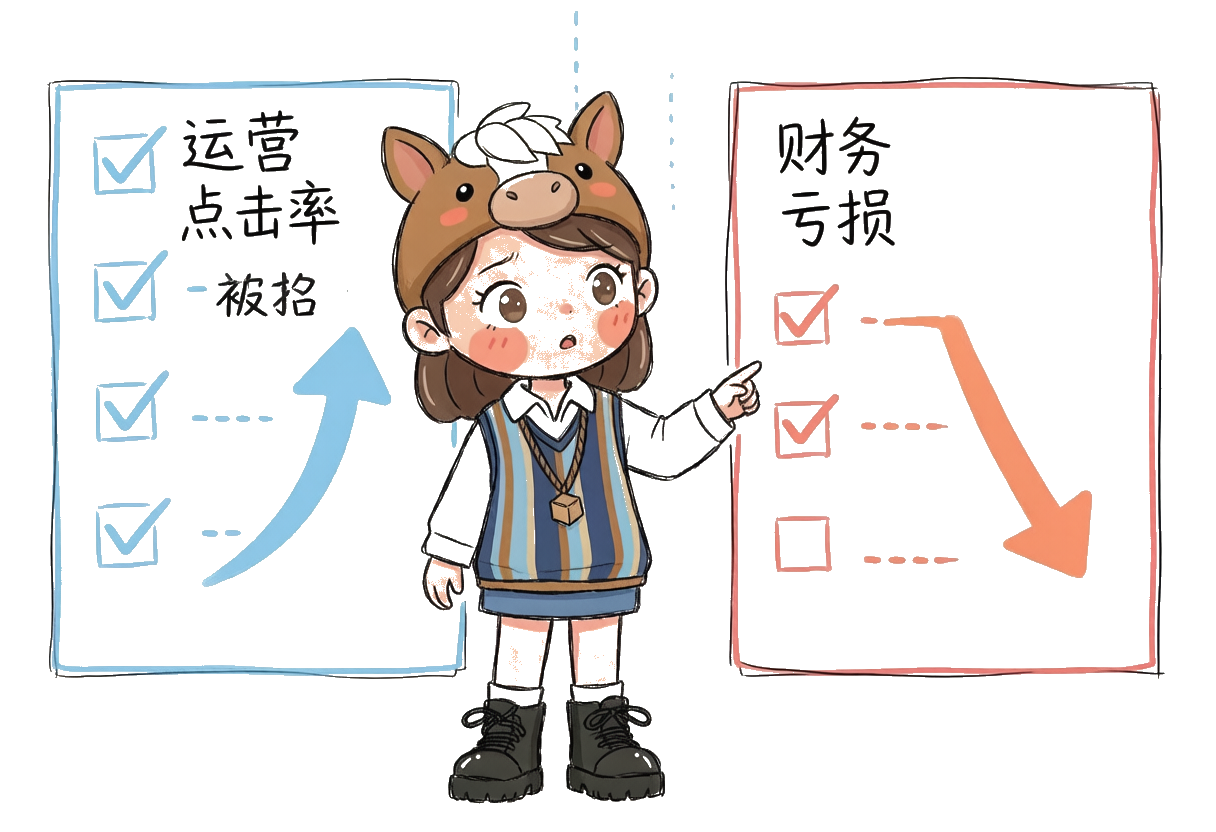 运营盯着点击率和排名，财务盯着成本和亏损，两套数据对不上