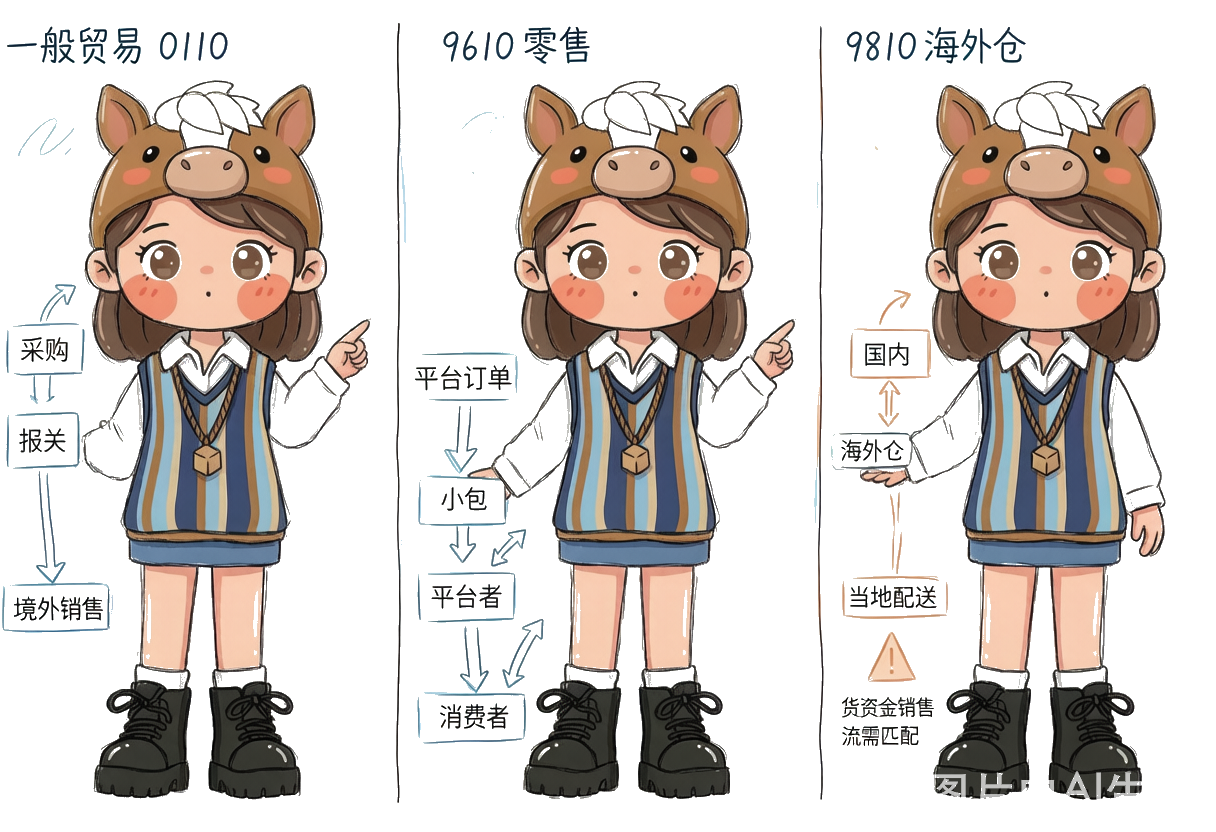 gimi：三种出口模式（0110 一般贸易 / 9610 零售 / 9810 海外仓）链条与税务处理不同