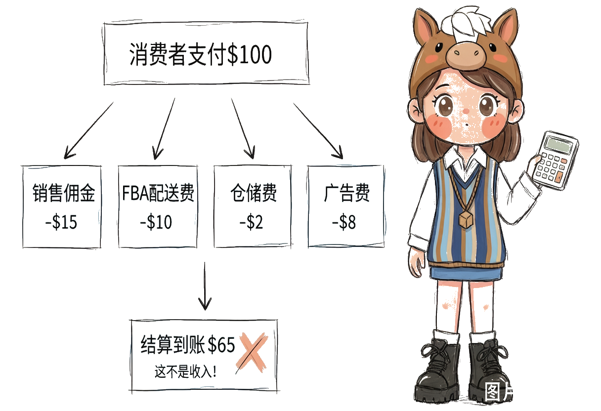 亚马逊FBA：消费者付100美元，扣佣金15、配送10、仓储2、广告8，结算净额65美元