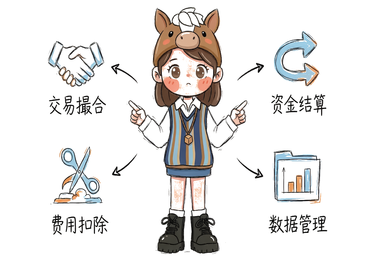 平台不只是销售渠道，而是同时承担交易撮合、资金结算、费用扣除、数据管理四重角色