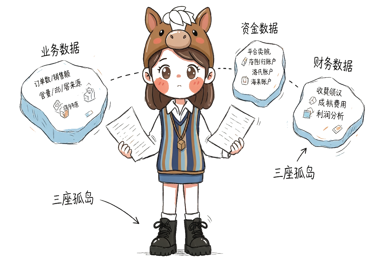 业务数据、资金数据、财务数据三座孤岛，缺少连接，还原不出真实利润