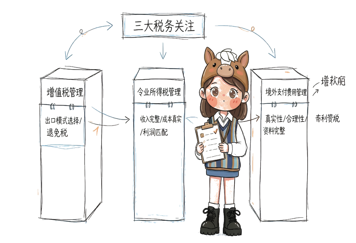 国内三类税务关注：增值税（出口模式选择）/ 企业所得税（真实利润）/ 境外支付费用（真实性+合理性+完整性）