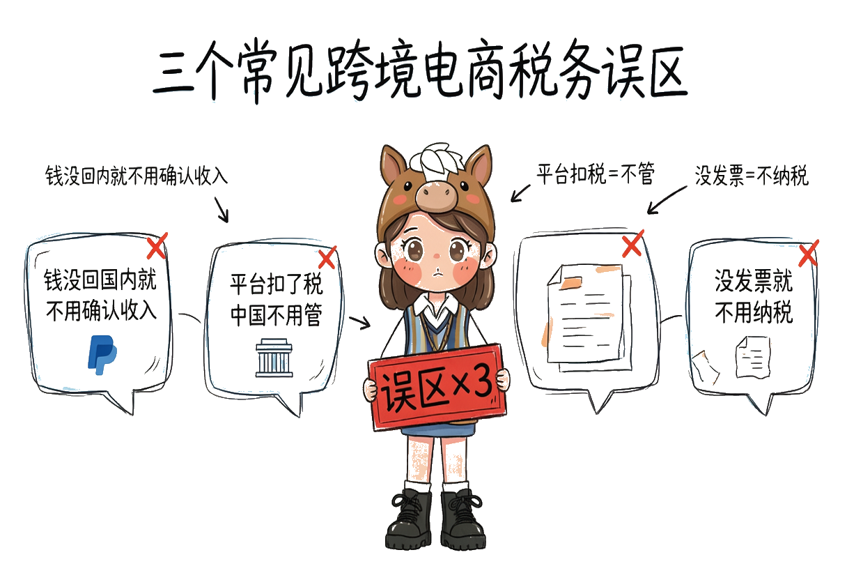 三个收入确认误区：钱没回国内不确认收入 / 平台已扣税不用管 / 没发票不纳税