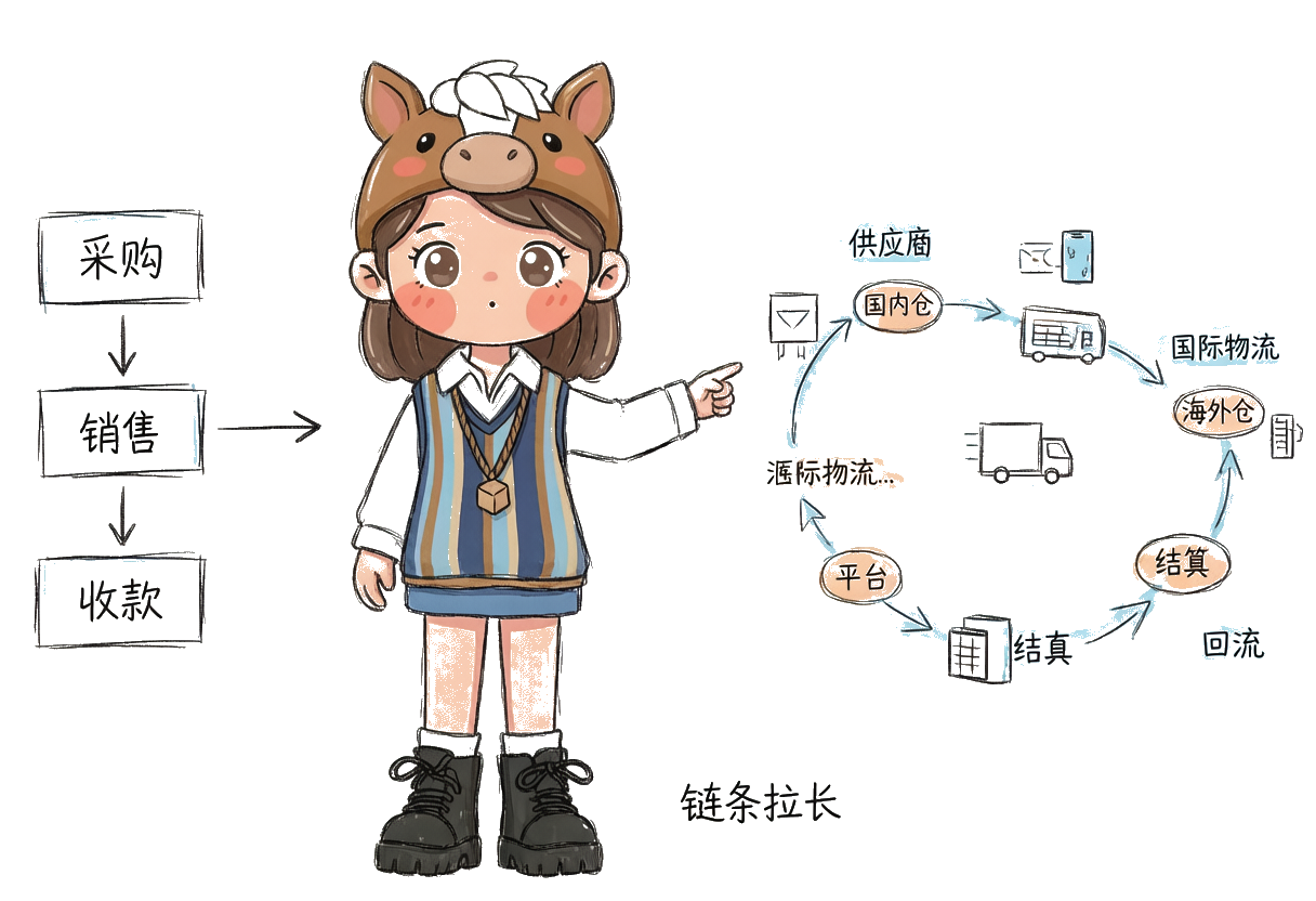传统贸易短链（采购-销售-收款）与跨境电商长链（含平台、海外仓、国际物流、境外支付）对比
