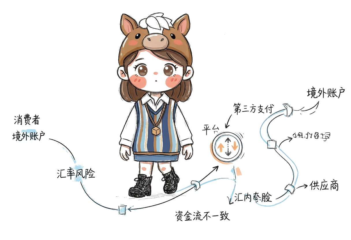 跨境电商资金路径：消费者-平台-第三方支付-境外账户-国内公司-供应商，变长且含汇率风险