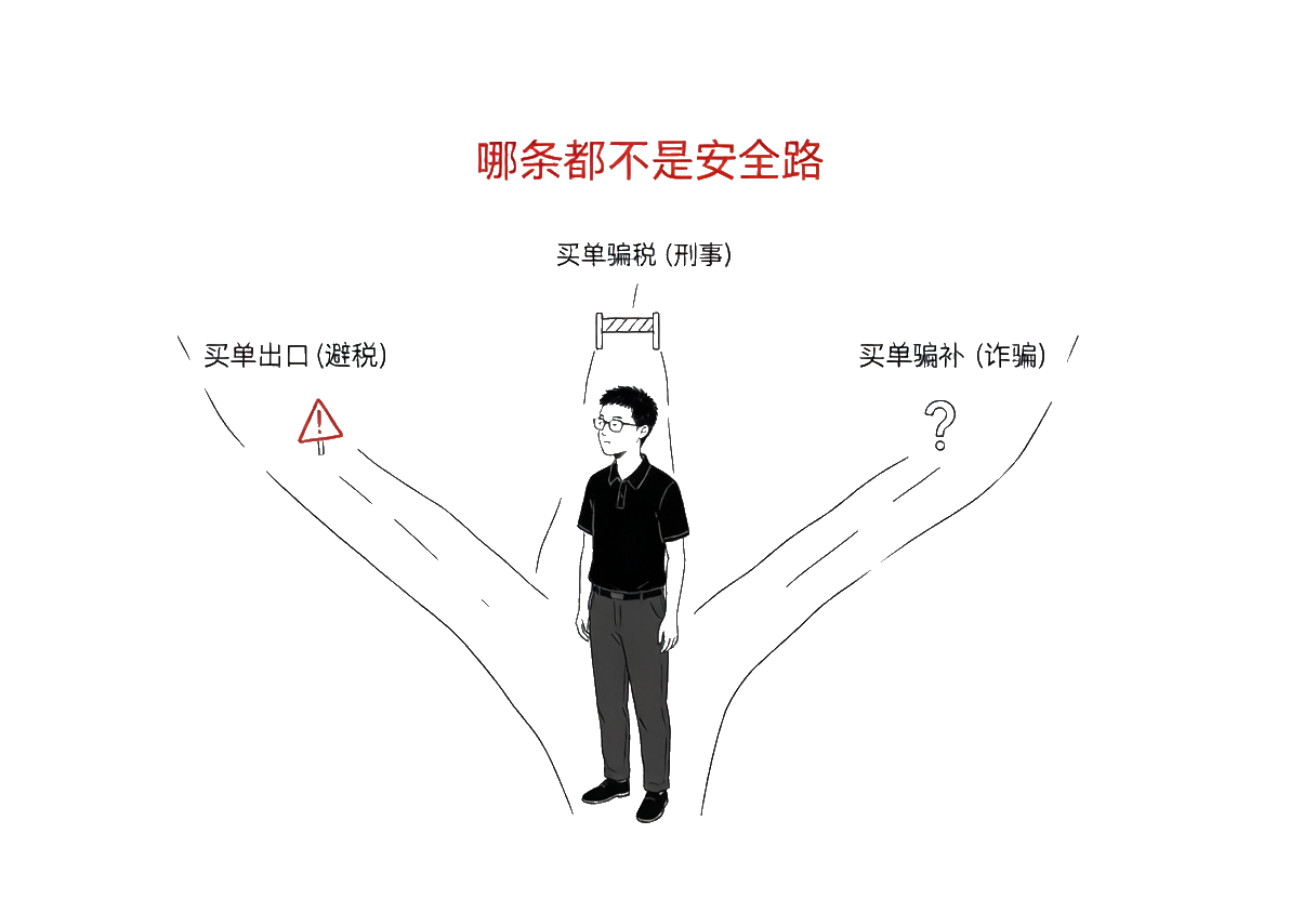 李小虎：三条岔路——李小虎站在岔路口，三条路分别标着"买单出口(避税)"、"买单骗税(刑事)"、"买单骗补(诈骗)"，每条路上有不同的障碍物，手写批注"哪条都不是安全路"