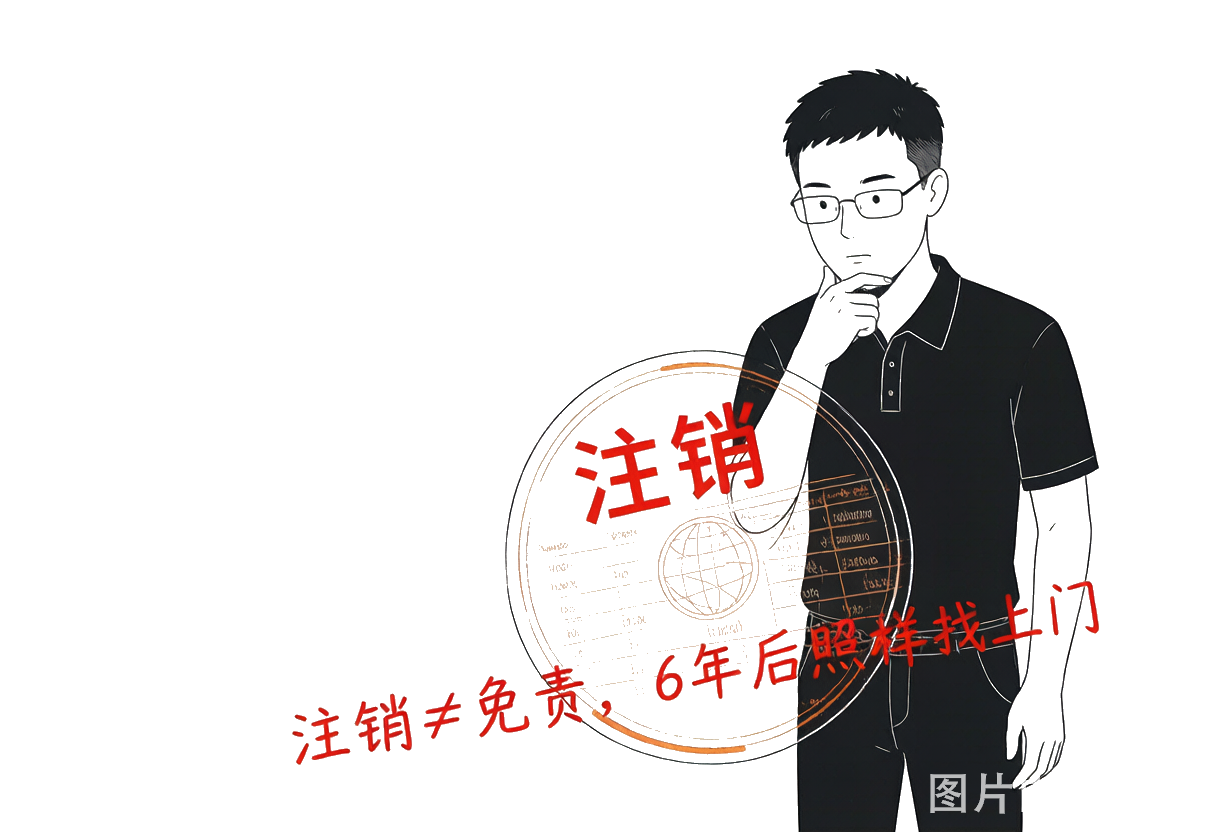 李小虎：注销印章盖不住的账——李小虎看着一枚"注销"印章，但印章下方的纸张透出清晰的账目线条，手写批注"注销≠免责，6年后照样找上门"