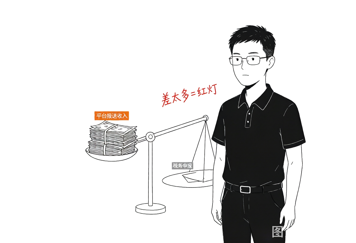 李小虎:数据天平倾斜——李小虎站在一个天平旁,左边托盘堆满钞票标注"平台报送收入",右边托盘几乎空了标注"税务申报",天平严重倾斜,手写批注"差太多=红灯"