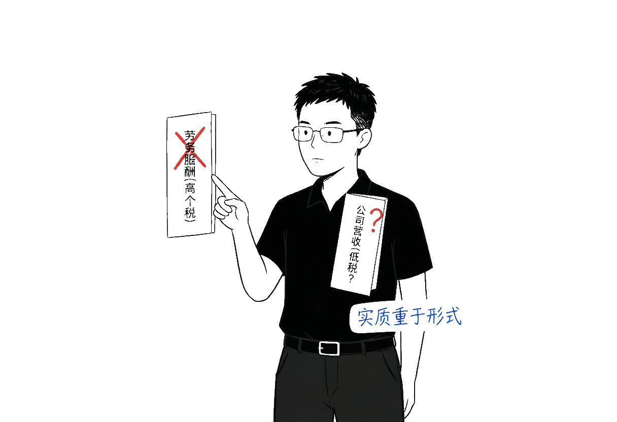 李小虎:变形的收入标签——李小虎手指指向两个标签,左边写着"劳务报酬(高个税)"被划掉红叉,右边写着"公司营收(低税?)"被打上红色问号,旁边手写批注"实质重于形式"