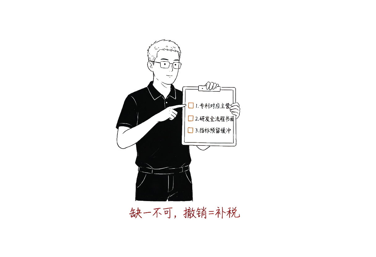 李小虎：三条红线清单板——李小虎手持一张细线稿清单板，板上列出三条红线（"专利对应主营""研发全流程书面""指标预留缓冲"），每条前有橙色勾选框，手写批注"缺一不可，撤销=补税"