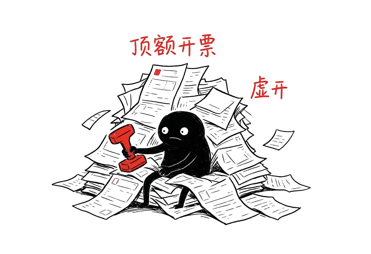 小黑：顶额顶量疯狂开票——小黑坐在一堆发票里盖章