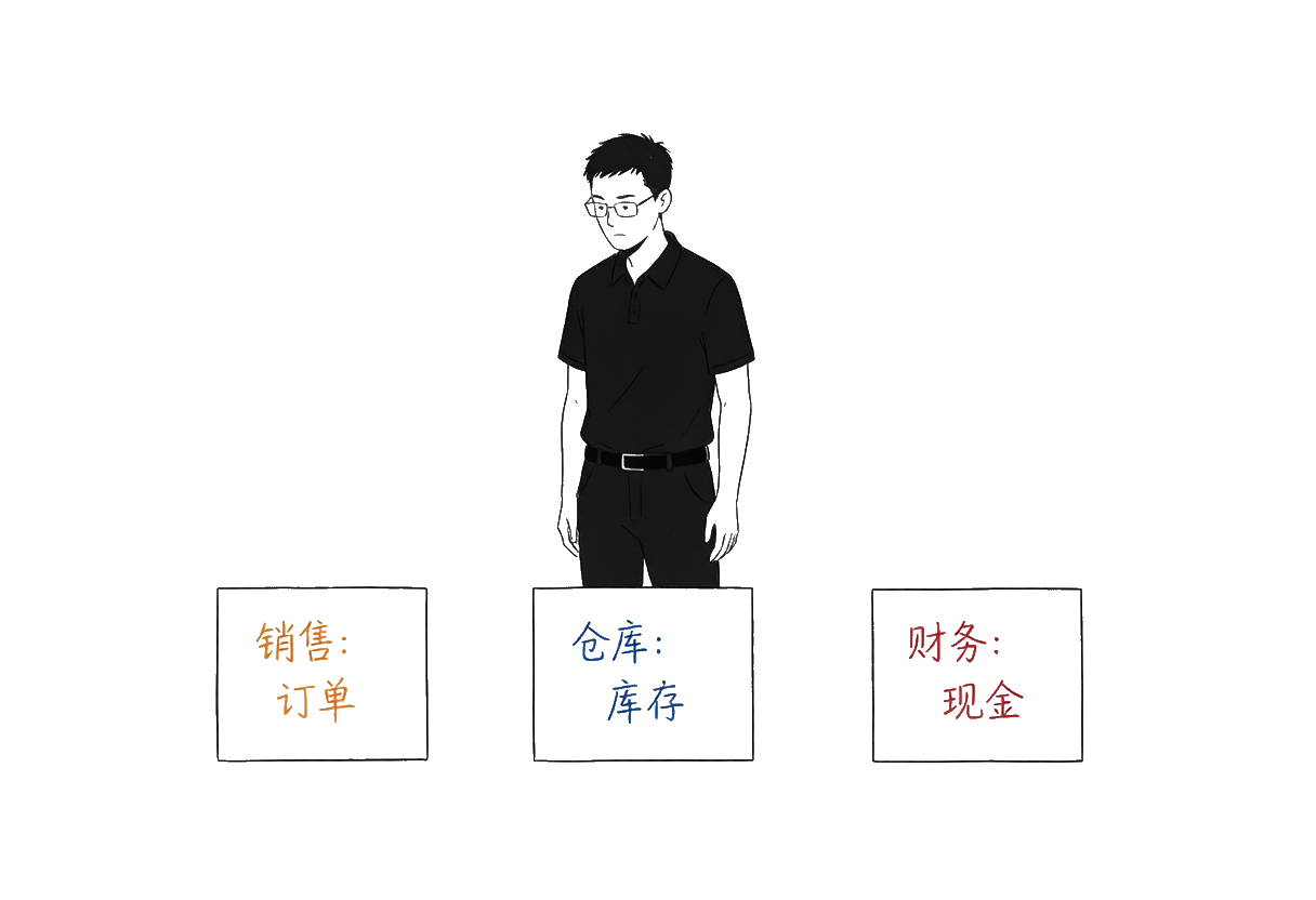 三个部门各自只看到自己那部分：销售看订单、仓库看库存、财务看现金