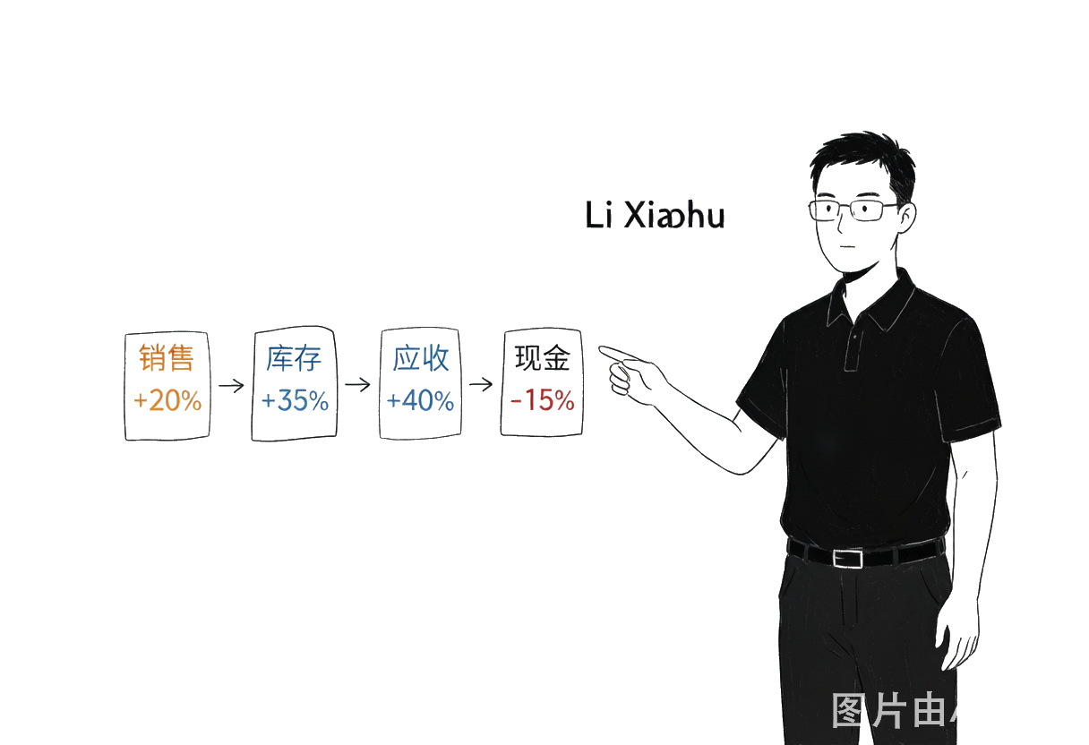 数字之间的关系：销售+20%、库存+35%、应收+40%、现金-15%