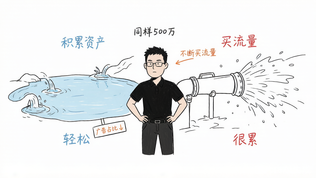 左边在蓄水成资产，右边不停买水又漏掉：同样的营业额，不同的经营逻辑