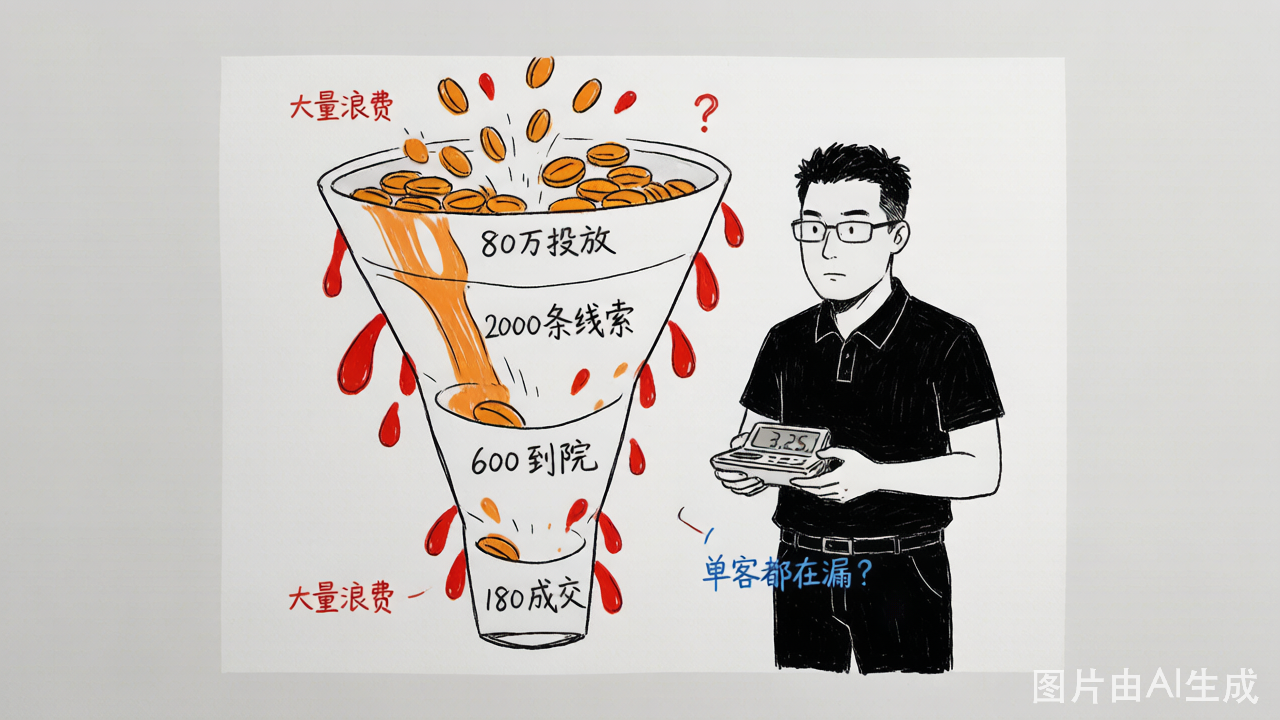 80万投放→2000线索→600到院→180成交，每一步都在漏，每一步都是钱