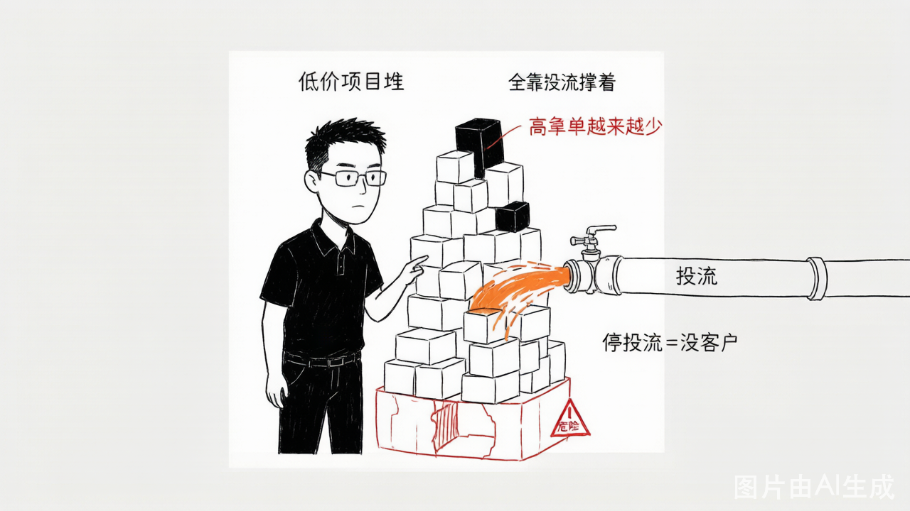 低价项目越堆越多，高客单越来越少——营业额全靠投流撑着，一停就掉
