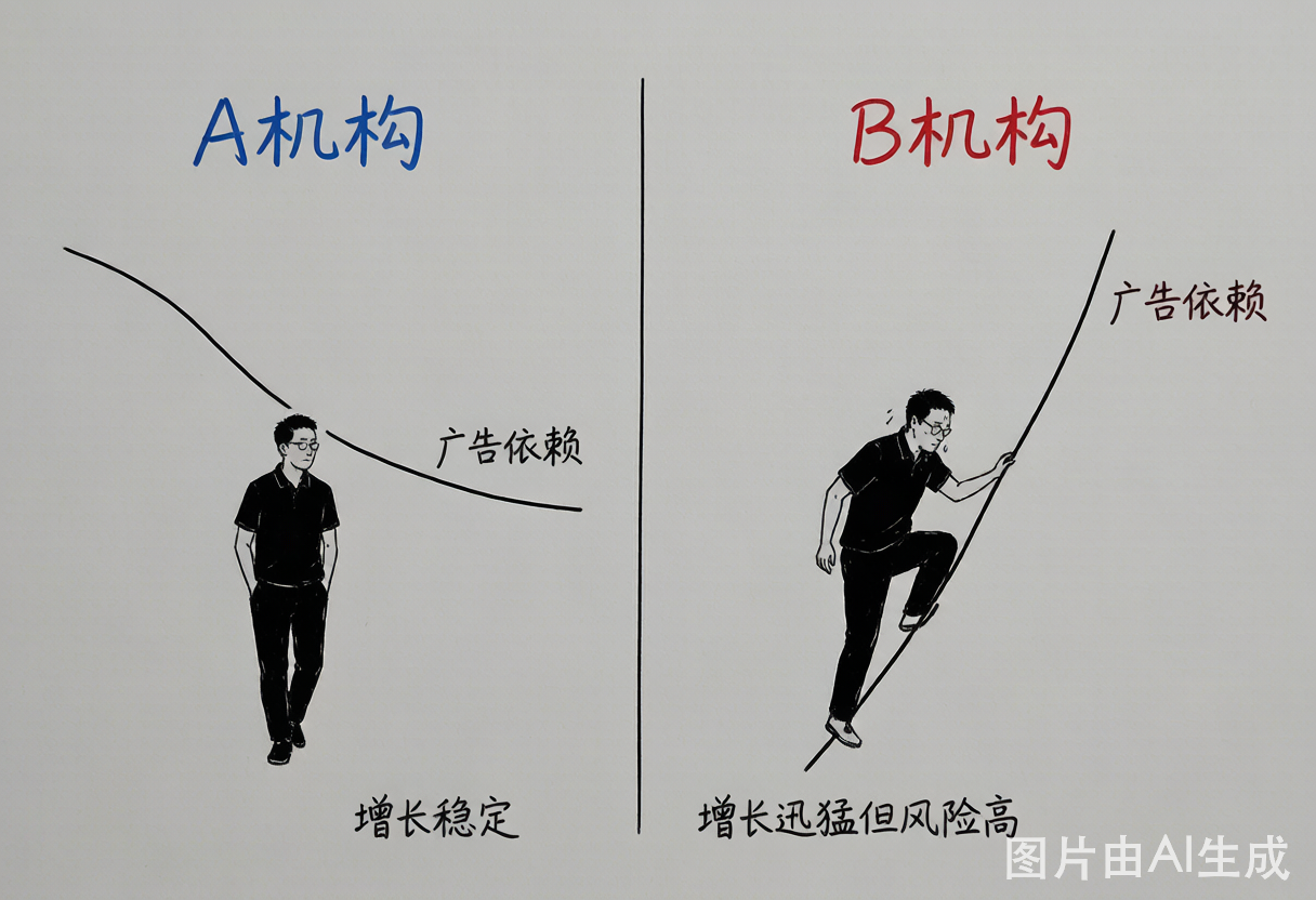A机构 vs B机构：广告依赖越做越小，还是越做越大