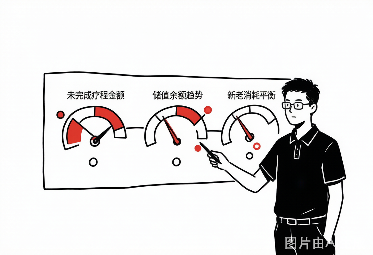 三个关键数据：未完成疗程、储值余额、新老消耗平衡