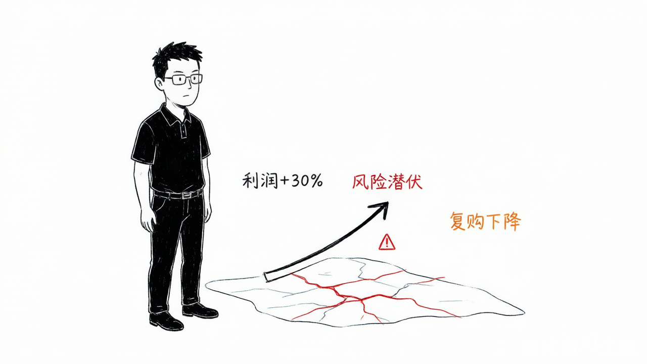 利润上涨的箭头画在薄冰上，冰面下早已裂开