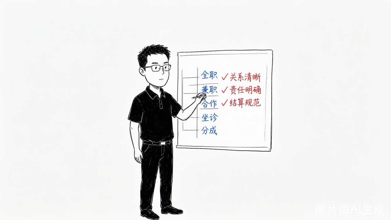 李小虎在白板拆解医生合作矩阵：关系清晰？责任明确？结算规范？