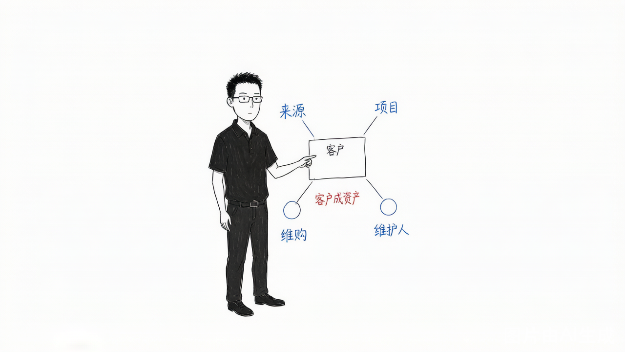 李小虎在CRM大屏上看到客户全生命周期：来源、项目、复购、维护人