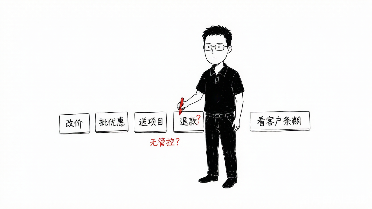一排操作权限按钮，很多没有管控标记，李小虎在逐一打问号